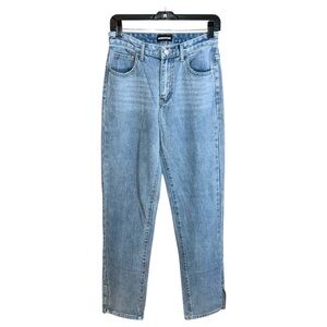 MomoKrom Jeans Women’s Size 27x34 Blue High Rise Split Hem Straight NWOT